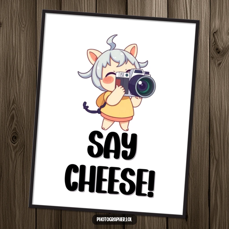 Funny Digital Art Print of a cute character joyfully holding a large camera with its flash illuminated, celebrating photography.