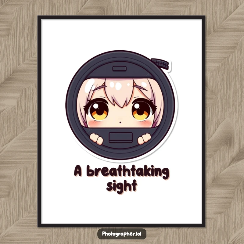Funny digital art print of a character with wide, surprised eyes peering through a camera viewfinder, expressing amazement.
