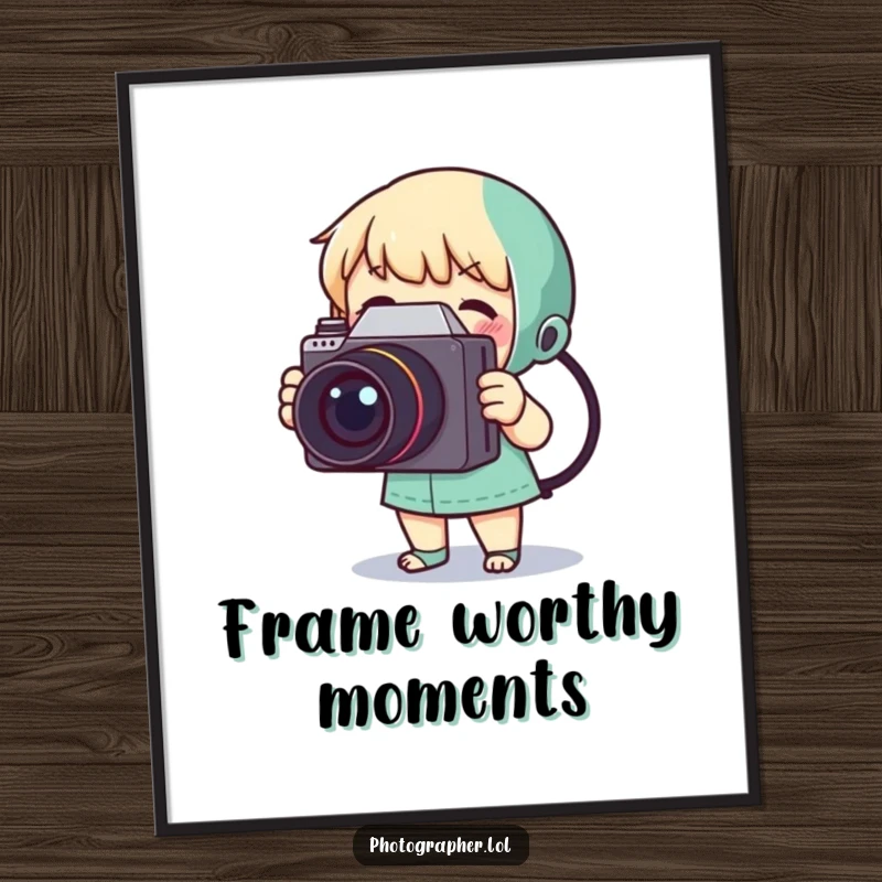 Funny digital art print of a miniature photographer excitedly using a large, retro camera, ideal for instant wall decor.