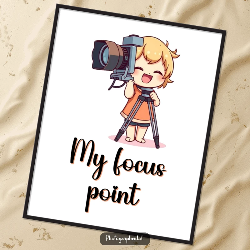 Funny digital art print of a character giggling while adjusting a large vintage camera tripod, celebrating photography's fun side.