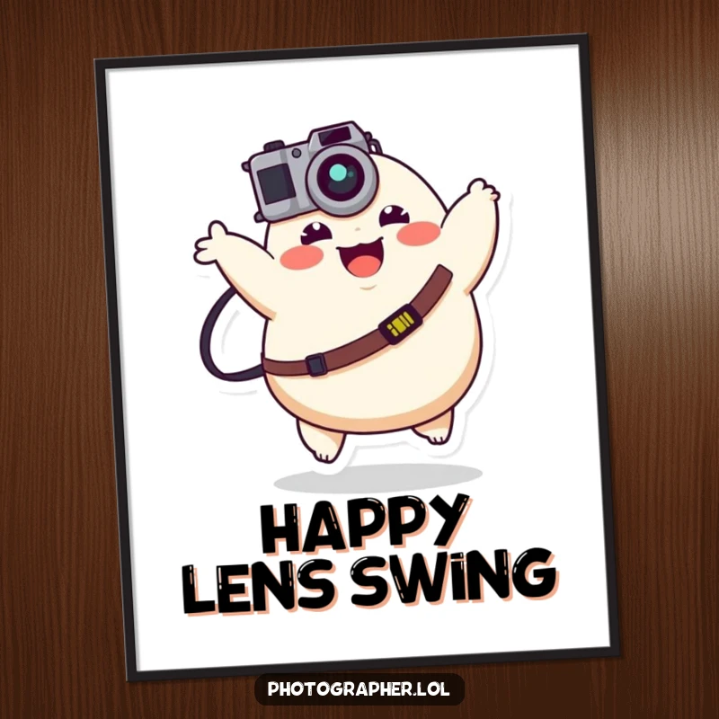 Funny plump character joyfully bouncing with a camera strap, digital art download for instant humorous decor.