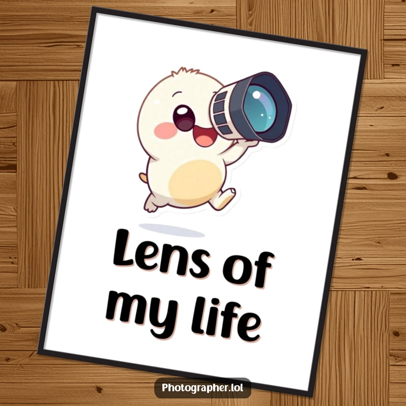 Funny digital art print of a small, round creature in a happy leap, holding a large camera to its eye, capturing enthusiastic photographic fun.