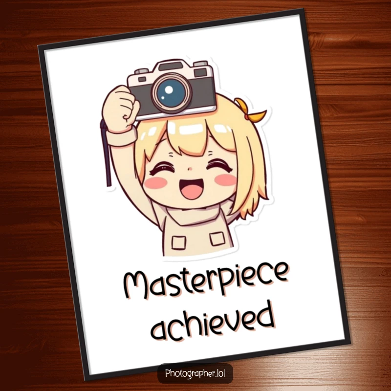 Funny photographer digital art print, a character smiling triumphantly holding a camera overhead, perfect for download and humorous decor.