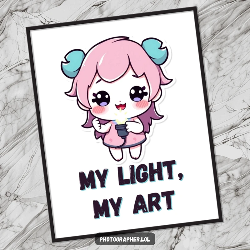 Funny digital art print of a character holding a sparkling flash bulb, perfect for inspiring decor, a great funny gift.