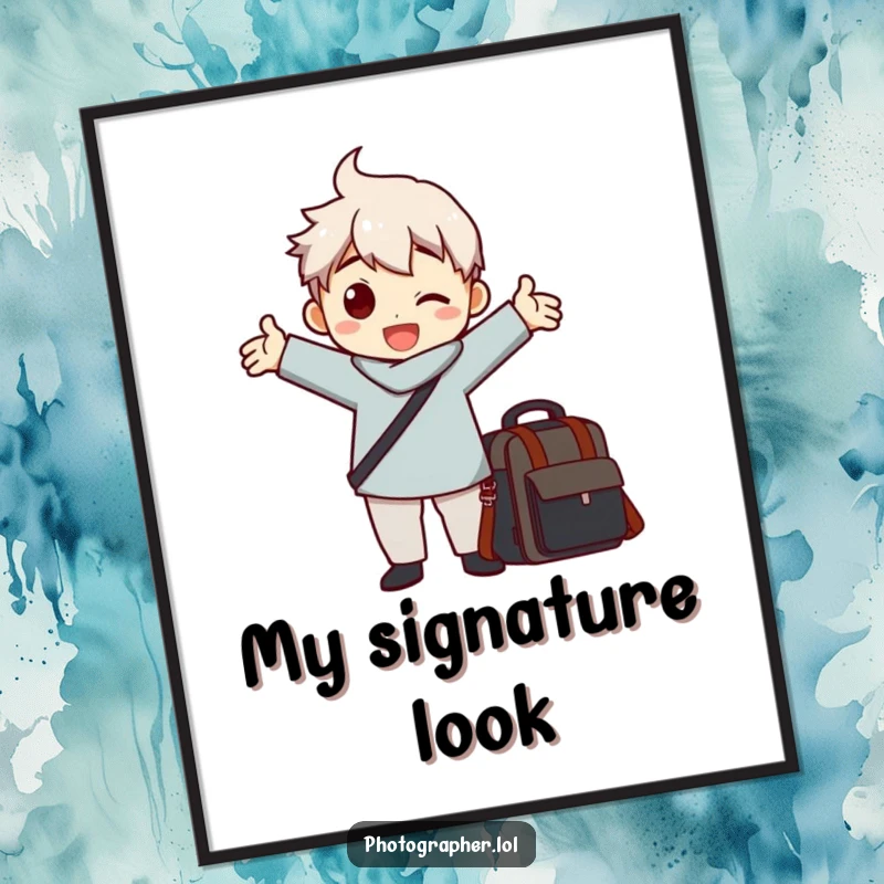 Funny digital art print of a character striking a dramatic pose with arms outstretched next to a camera bag, humorous photography decor.