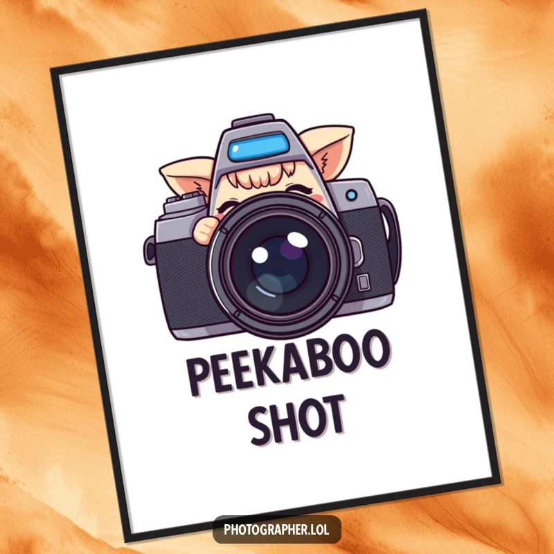 Funny digital art print of a character peeking from behind a large camera and giving a wink, ideal for playful home decor.