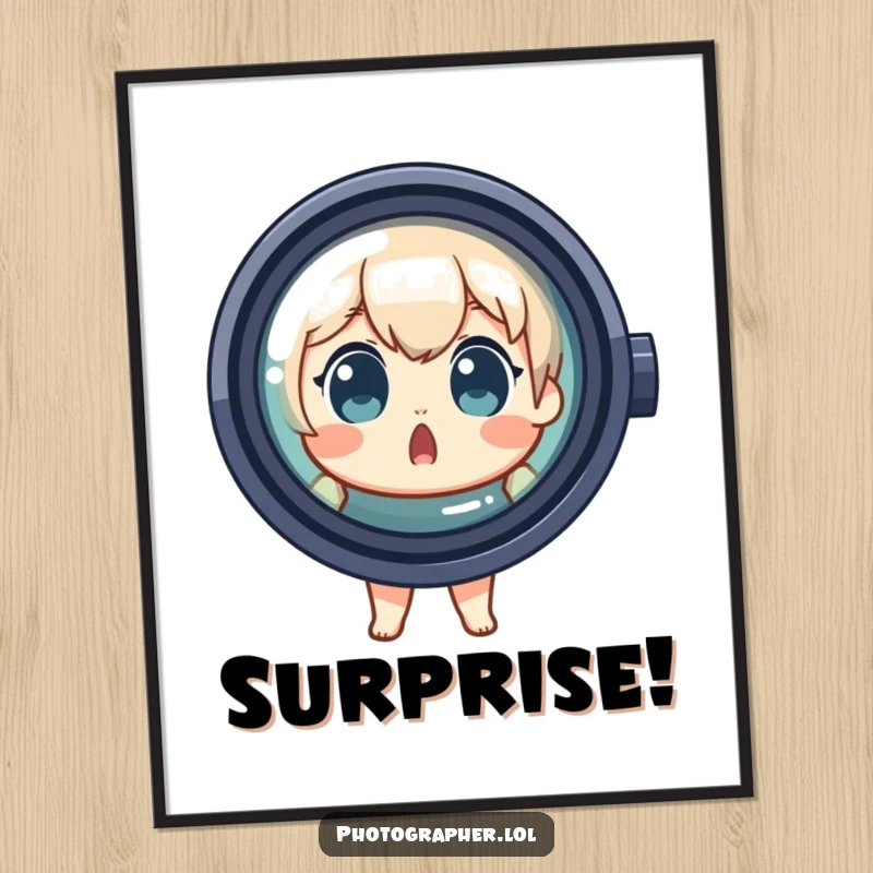 Funny Digital Art Print of a surprised character peeking from behind a giant camera lens, capturing playful discovery.