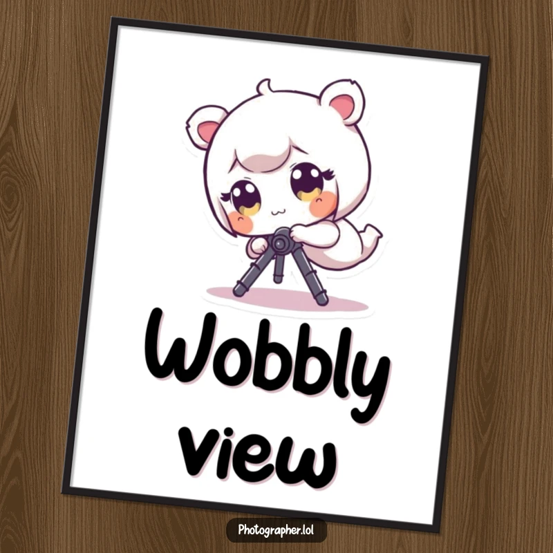 Funny Digital Art Print: A tiny character with wide eyes comically tumbles and falls while entangled with a camera tripod.