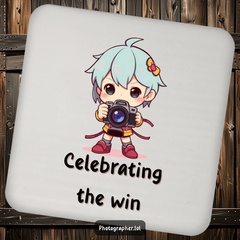 Funny drink coaster with a character in a dramatic pose holding a camera like a trophy, protecting tables.