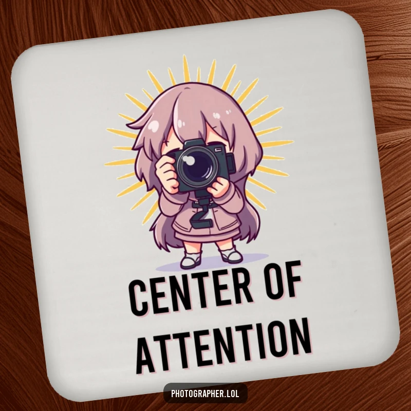 Funny photographer coaster, a character posing dramatically with a camera and a starburst, providing humorous protection for surfaces.