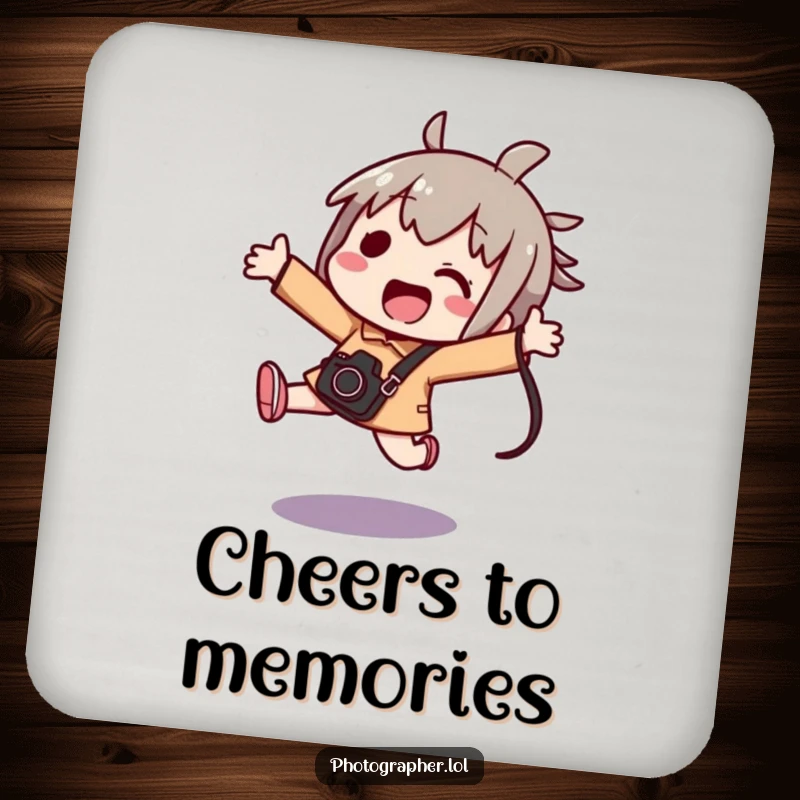 Funny kawaii drink coaster of an excited character jumping with a camera bag, perfect for camera enthusiasts.