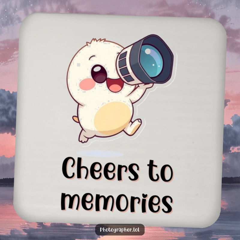 Funny drink coaster set showing a tiny, round creature joyfully leaping with a large camera, adding playful photographic humor to any table.