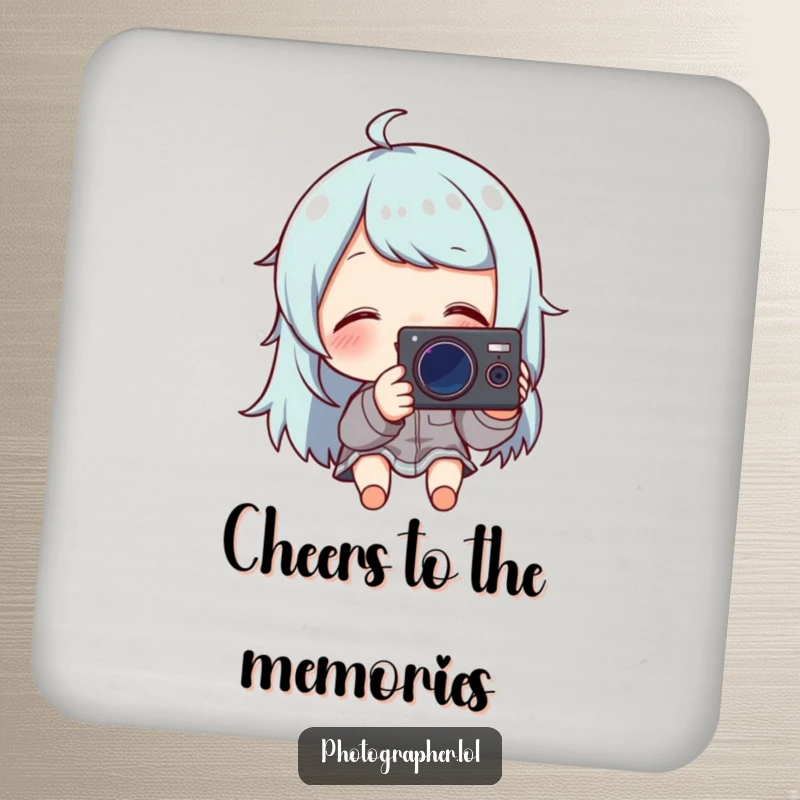 Funny drink coaster showing a character giggling at their camera screen, a charming addition to any table.