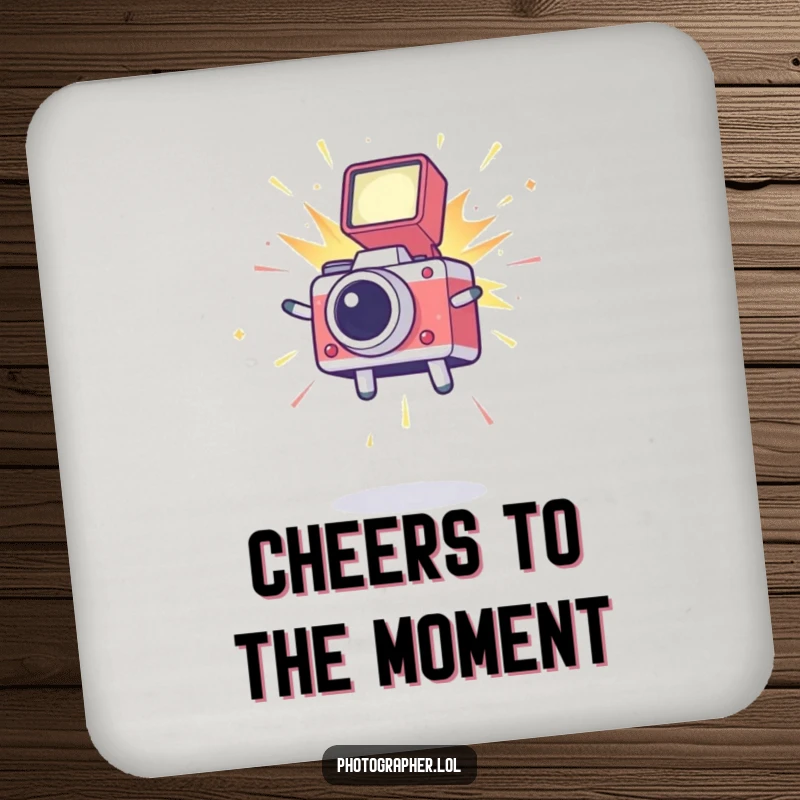 Funny drink coaster depicting a happy icon jumping with a camera flash exploding, adding a fun photographic theme to table protection.