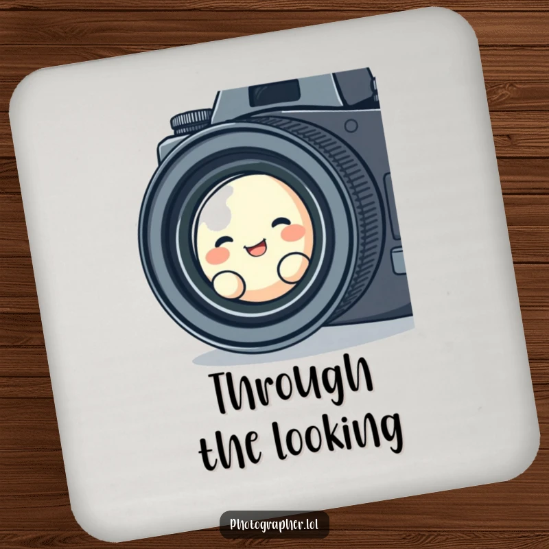 Funny drink coaster set showing a cute blob character giggling as it peers through a vintage camera lens, adding playful, retro humor.