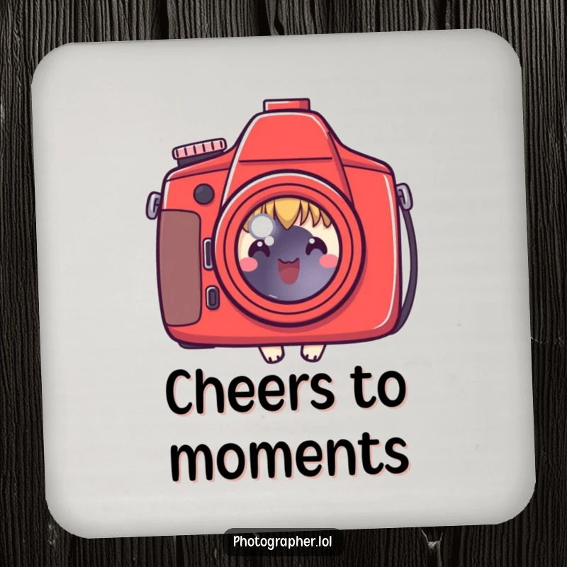 Funny coaster with a character peeking behind a red camera, protecting surfaces with photographic charm, a great funny gift.