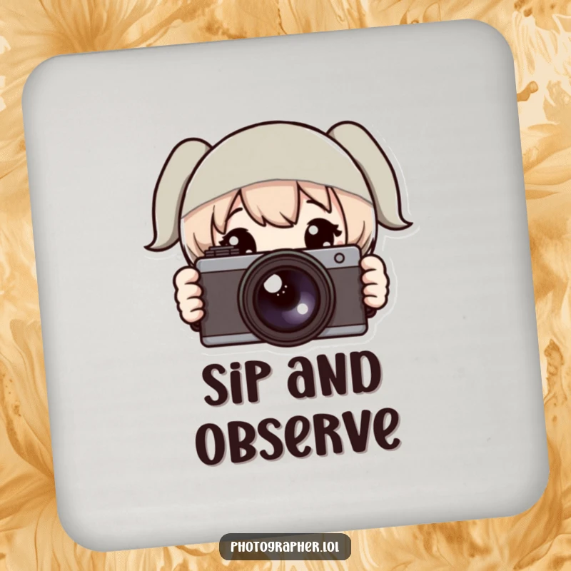 Funny drink coaster featuring a character peeking from behind a camera, perfect for protecting surfaces with a humorous photography theme.