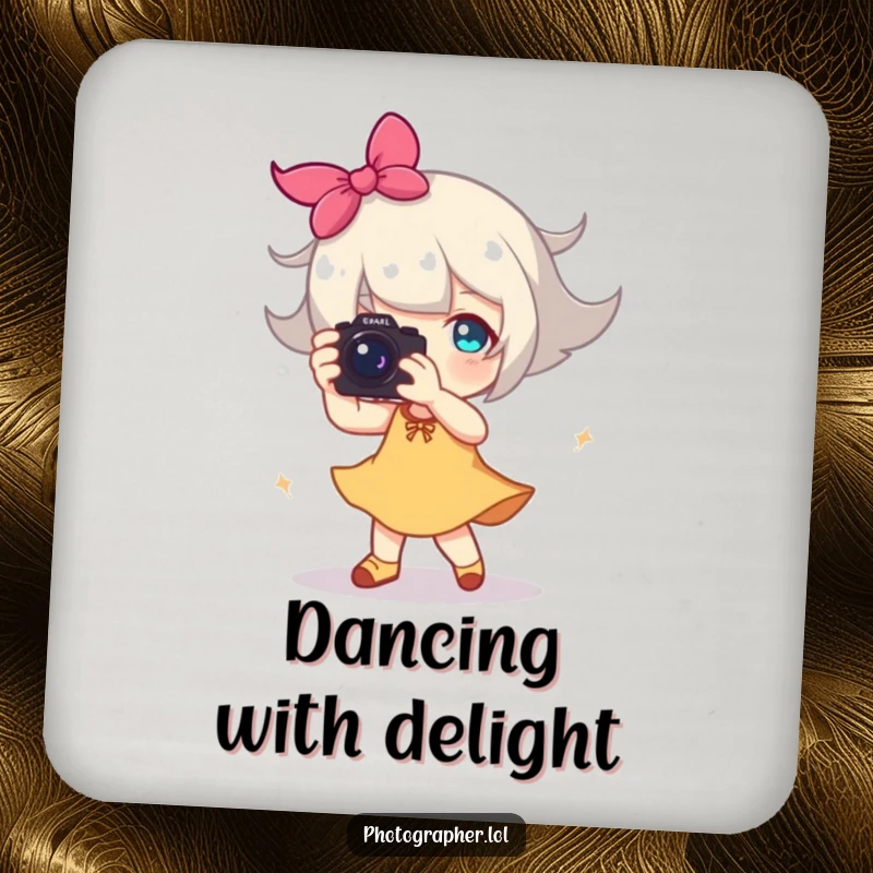 Funny drink coaster with a character joyfully dancing with a camera, a happy blur of motion, humorous accessory.