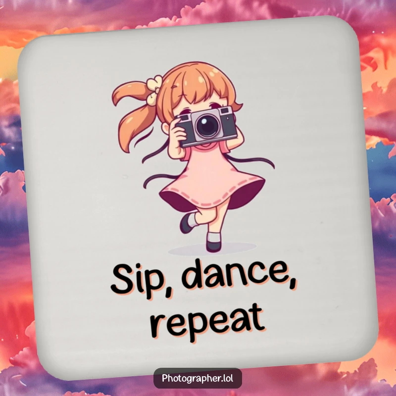 Funny dancing photographer coasters with a character twirling joyfully with a vintage camera, adding humorous protection to drinkware.