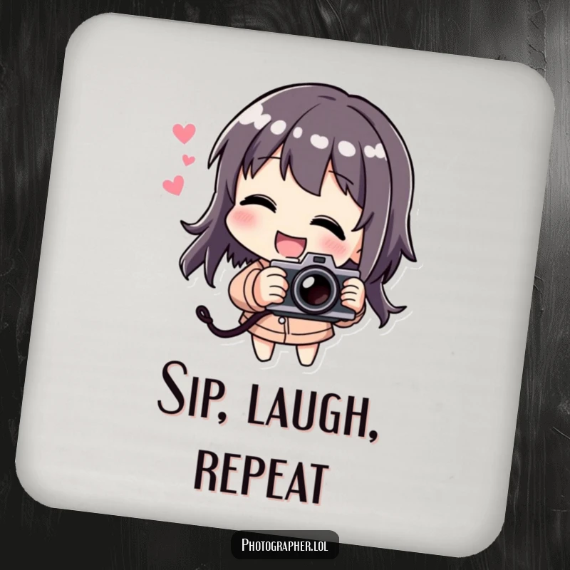 Funny drink coasters showing a laughing character playfully tilting a camera, adding humorous charm to any table.