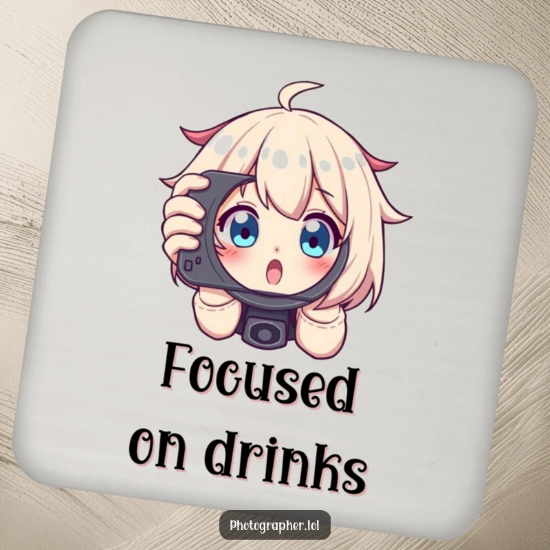 Funny drink coaster with a character excitedly framing a shot, peeking through a viewfinder with wide eyes, humorous accessory.