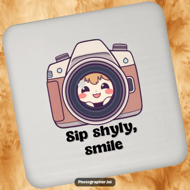 Funny shy photographer coasters with a small, grinning character peeking from behind a camera lens, adding humorous protection.
