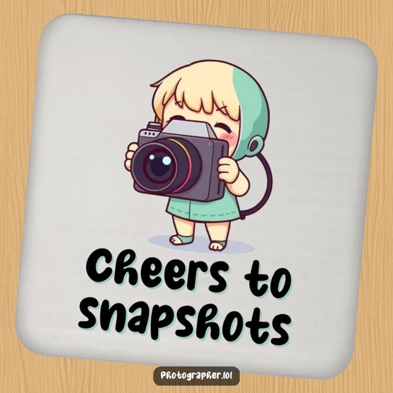 Funny drink coaster with a tiny character taking a photo with a vintage camera, protecting surfaces from drinks.