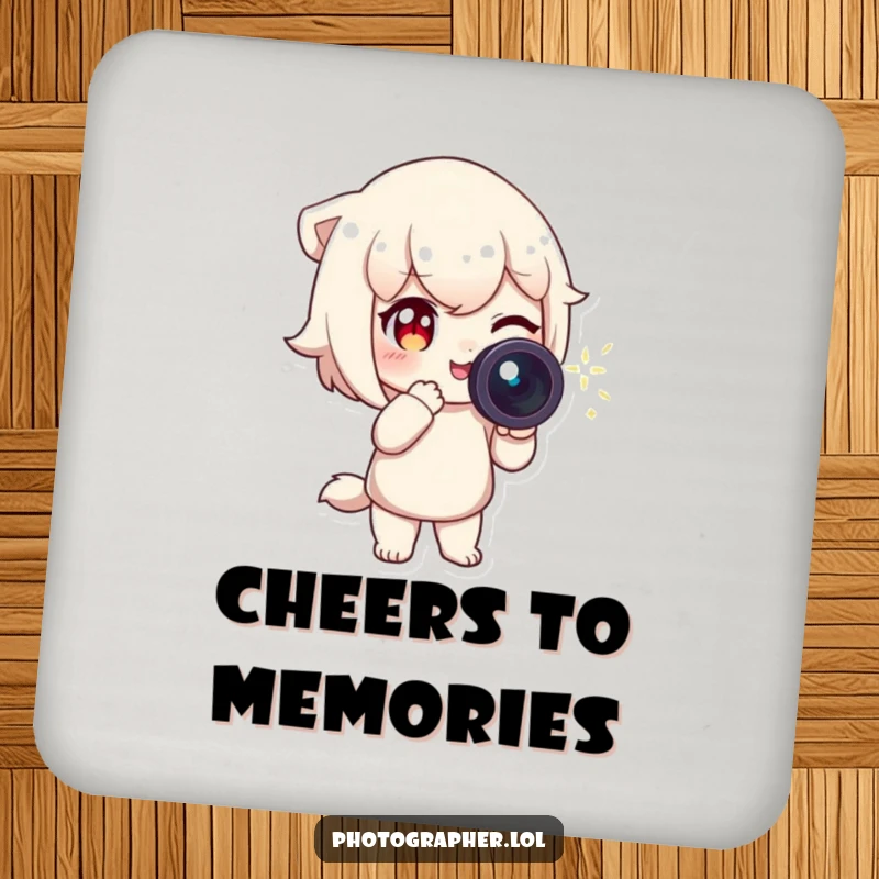 Funny Drink Coasters showcasing a character winking and pointing a camera with a sparkling light trail, humorous coasters for photography fans.