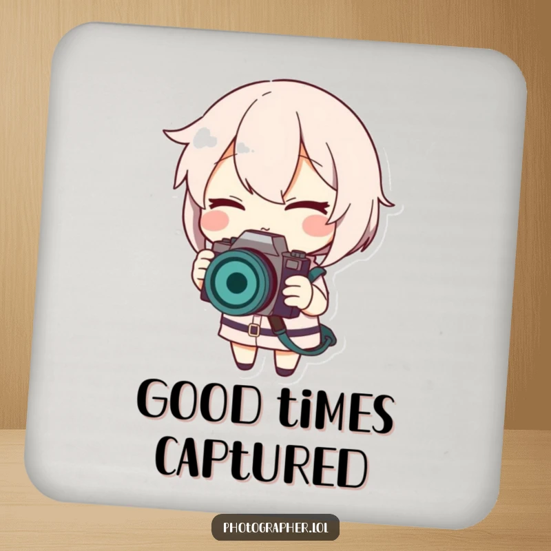 Funny drink coasters showing a winking character adjusting a camera strap, adding humorous charm to any table.