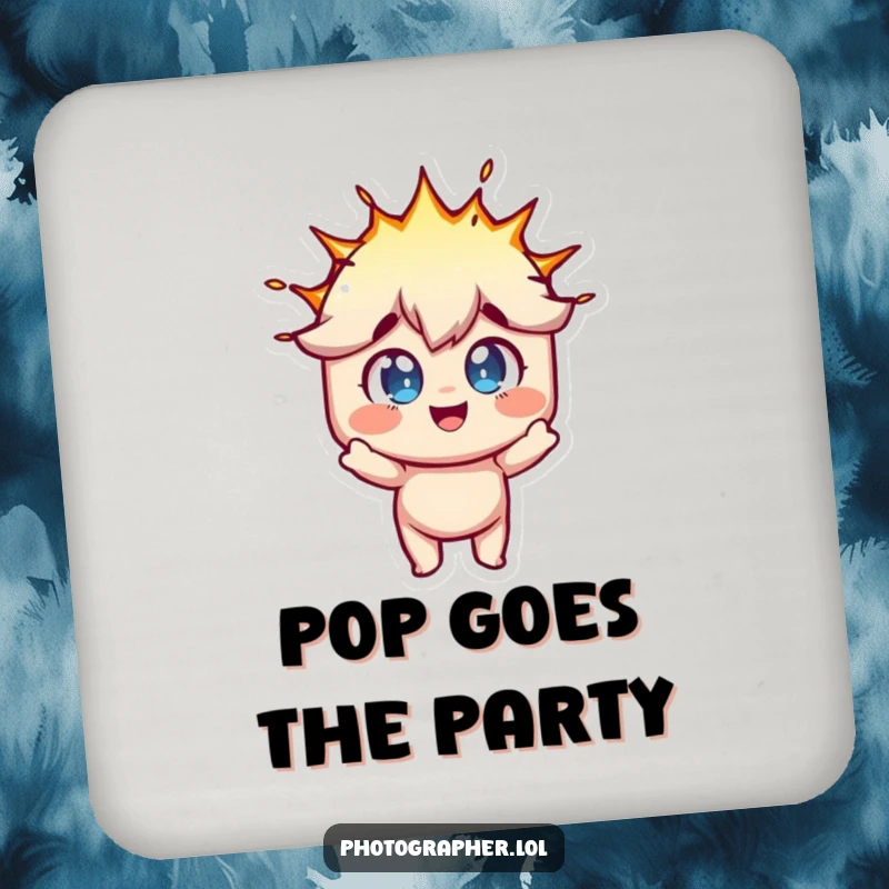 Funny coaster design of a character with wide, joyful eyes reacting to a flash bulb explosion, protecting surfaces.