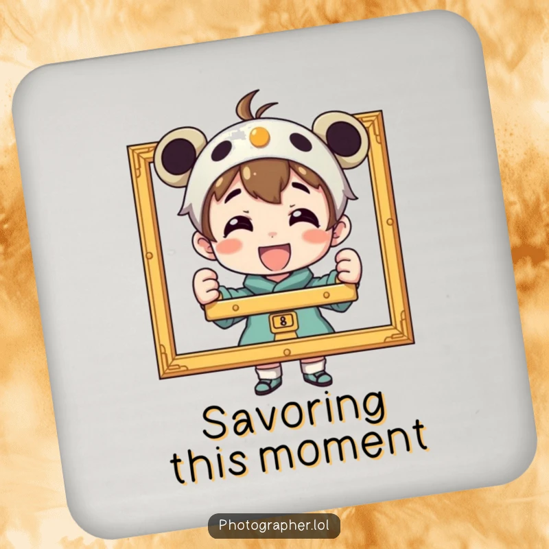 Set of funny coasters featuring a proud character displaying a framed photograph, adding artistic pride and protection to surfaces.