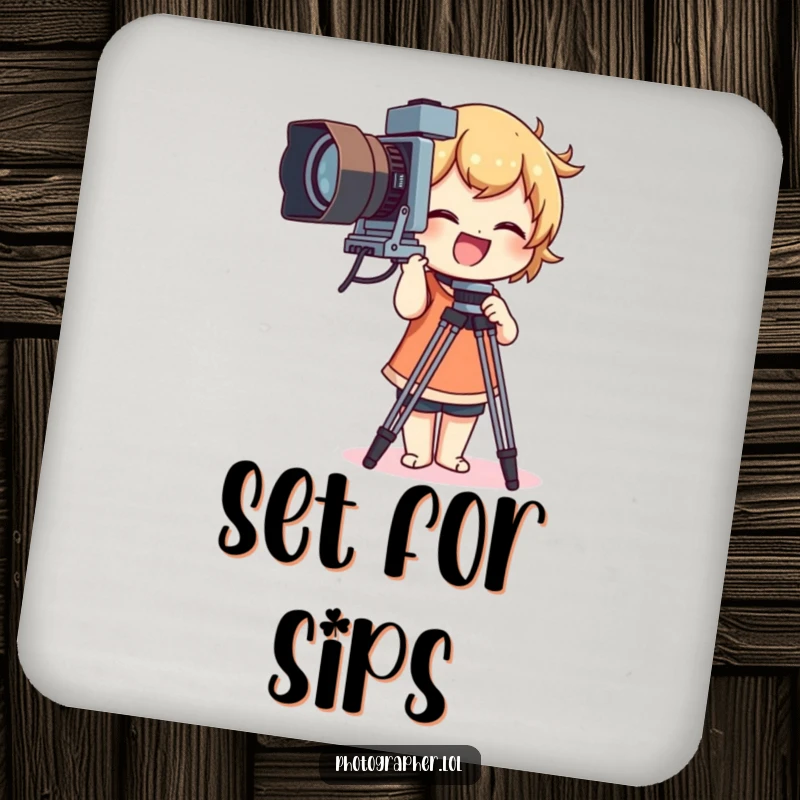 Funny drink coaster with a character giggling while adjusting a large vintage camera tripod, a humorous photography accessory.