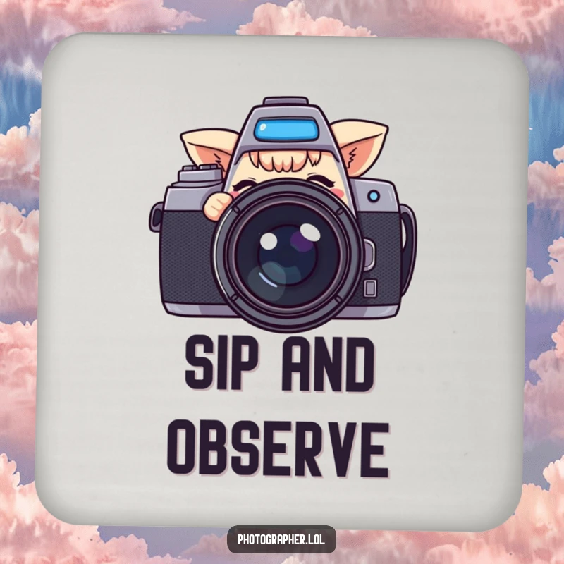Funny drink coaster featuring a character peeking from behind a large camera and winking, adding a playful touch to drink protection.