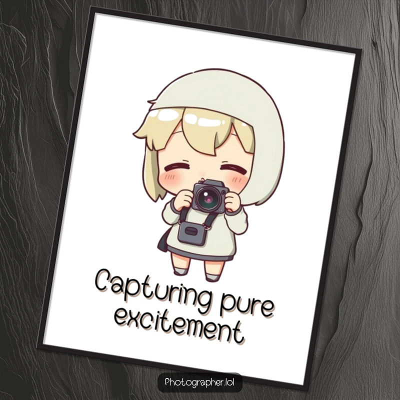Funny poster print of a character adjusting a camera strap with an excited expression, symbolizing photographic readiness.