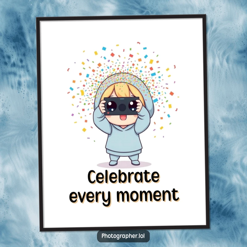 Funny photographer poster, a character snapping a photo with a shower of colorful confetti erupting, ideal for festive decor.