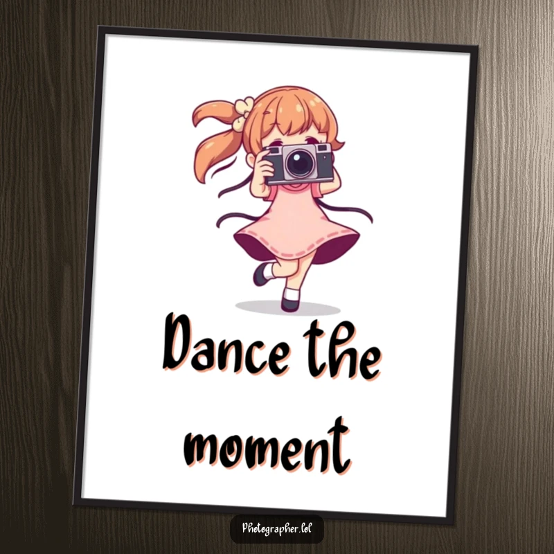 Funny dancing photographer poster of a character mid-twirl with a vintage camera, radiating joy and artistic expression.