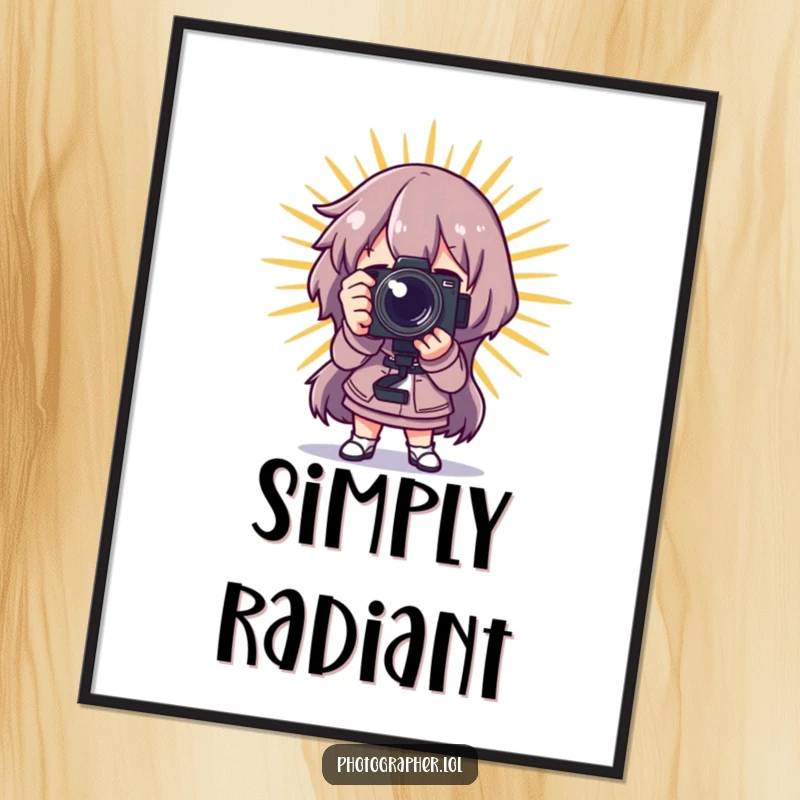 Funny photographer poster, a character posing dramatically with a camera and a starburst, ideal for dramatic and humorous wall decor.