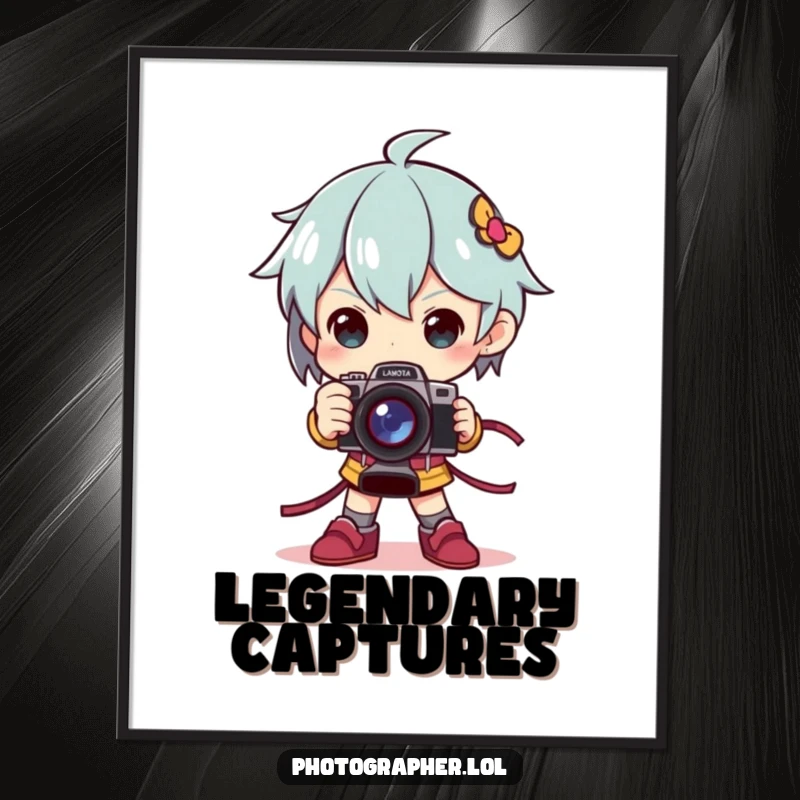 Funny poster art of a character striking a grand, dramatic pose while holding a camera like a prestigious award trophy.