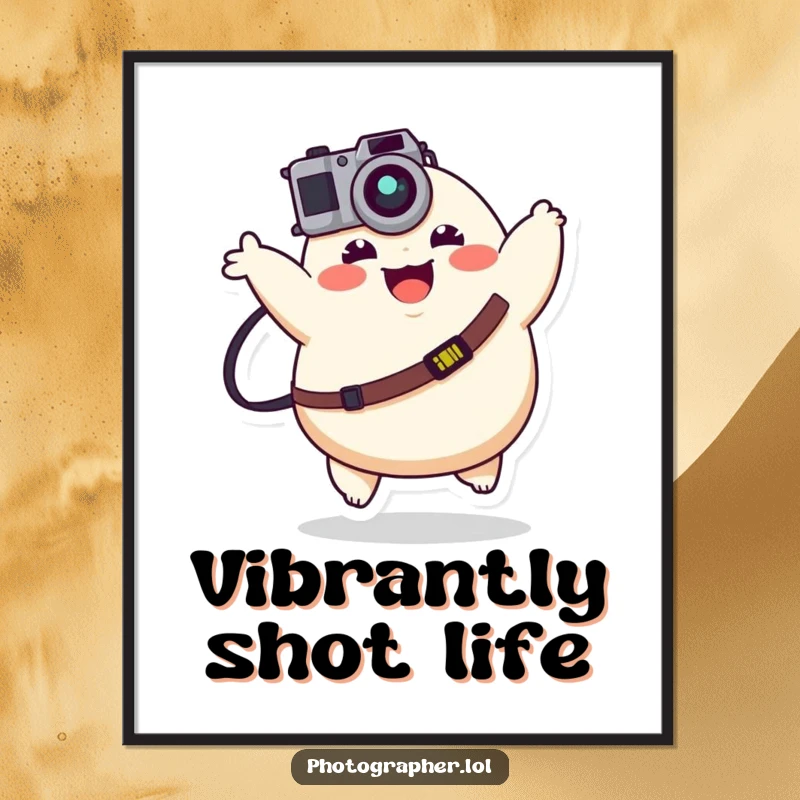 Funny plump character joyfully bouncing with a camera strap, vibrant wall art for happy photographers.
