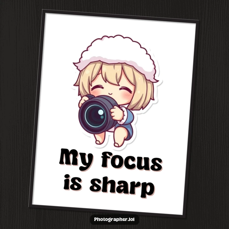 Funny poster depicting a cute character gleefully adjusting a camera lens with a fluffy lens cap, celebrating the art of photography humorously.