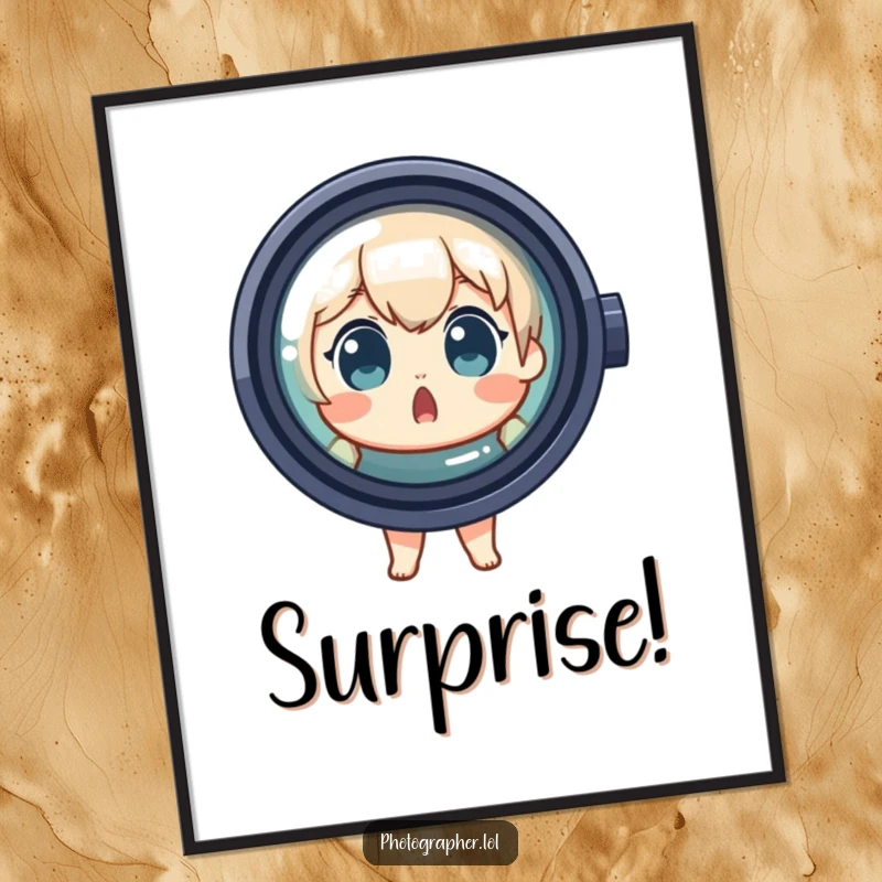 Funny Poster depicting a surprised character peeking out from behind a huge camera lens, adding a humorous element.
