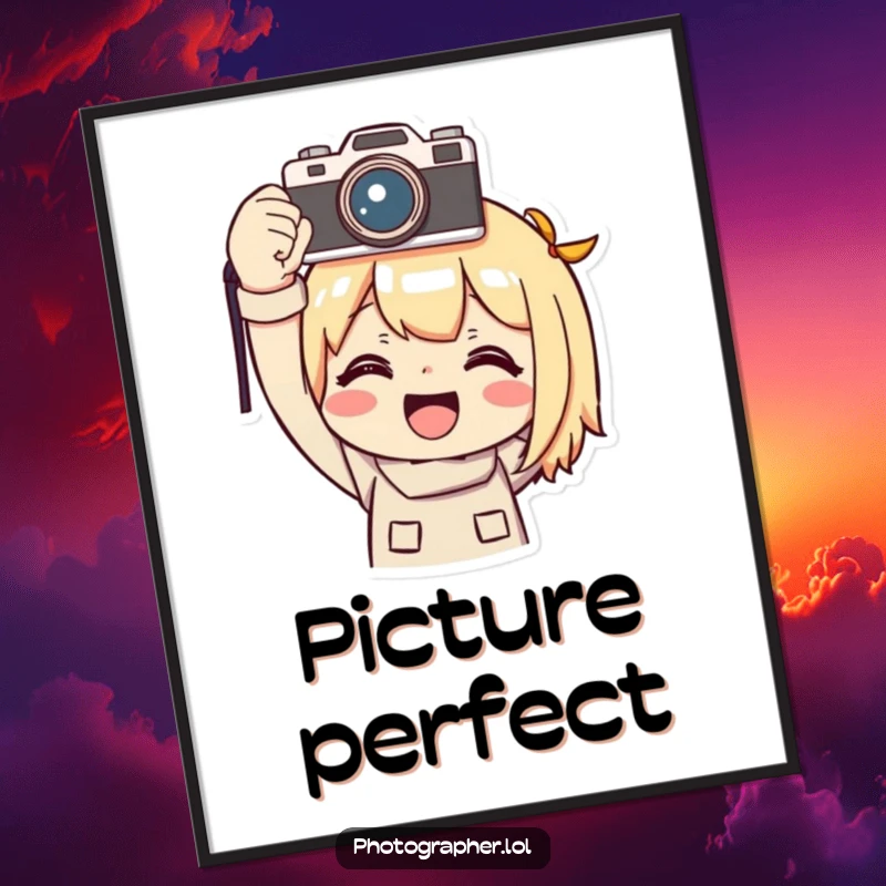 Funny photographer poster, a character smiling triumphantly holding a camera overhead, ideal for inspiring photographic success.