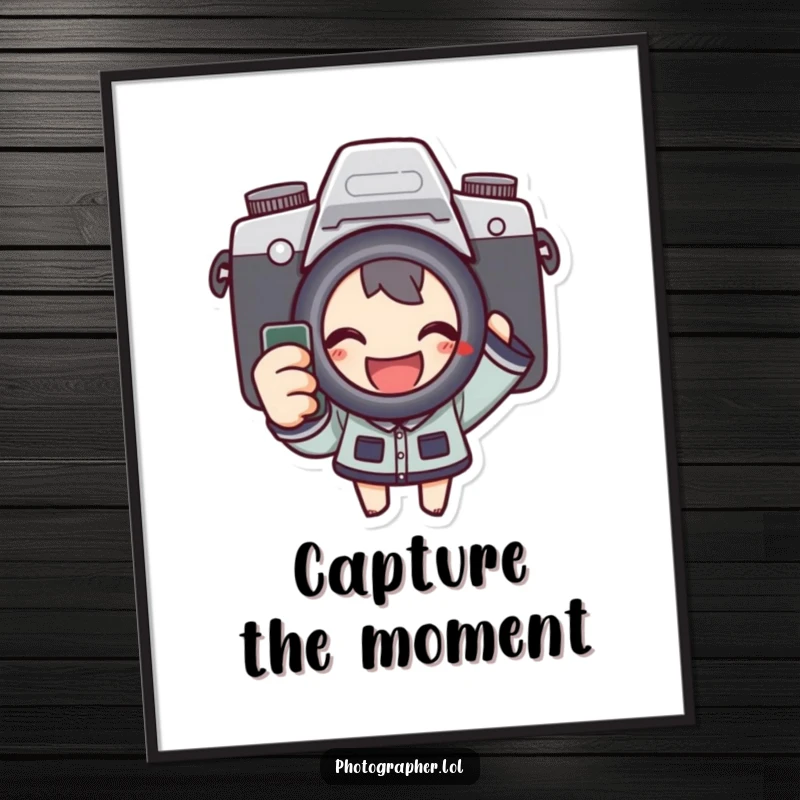 Funny poster art of a character happily pressing a camera shutter, celebrating the spontaneous joy of photography and picture-taking.