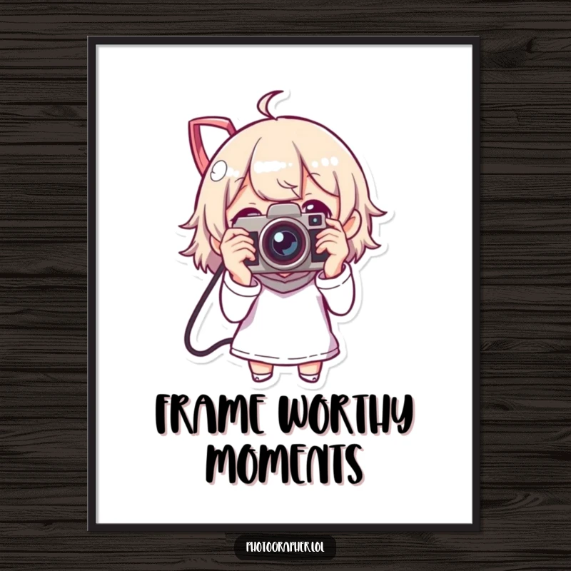 Funny poster of a character capturing a moment with an iconic vintage camera, bringing humor and art to any space.