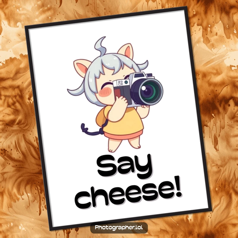 Funny Poster showcasing a cute character joyfully holding a large camera with its flash illuminated, celebrating photography.