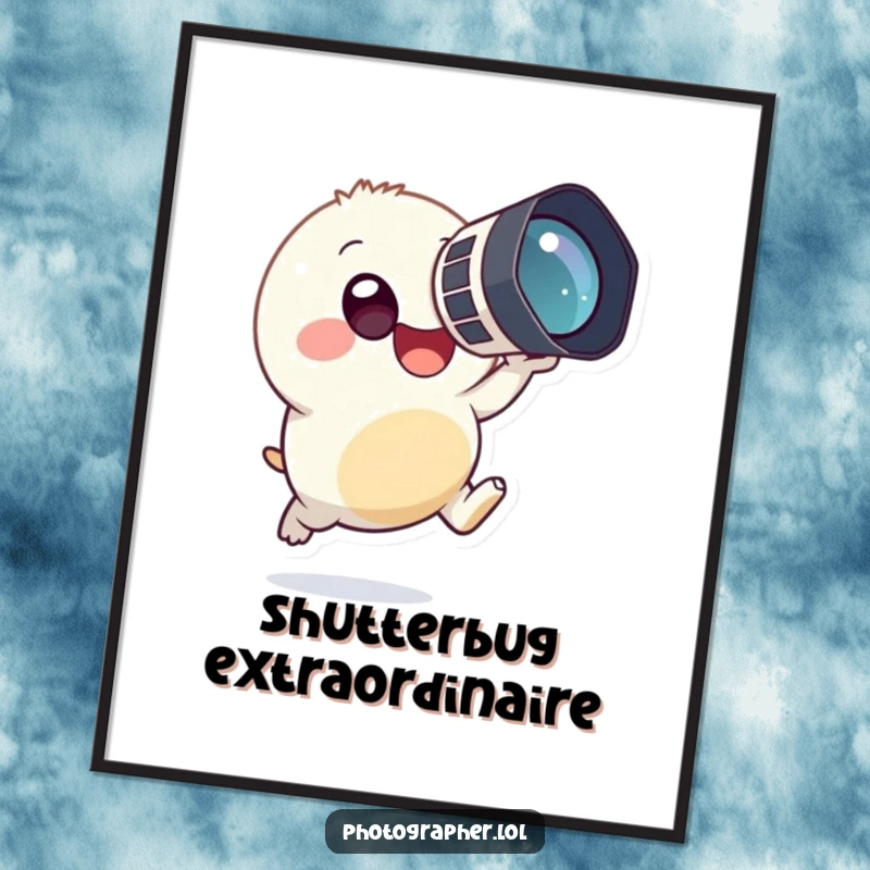 Funny poster art of a tiny, round creature in a joyful leap, holding a large camera to its eye, capturing a moment of enthusiastic photography.