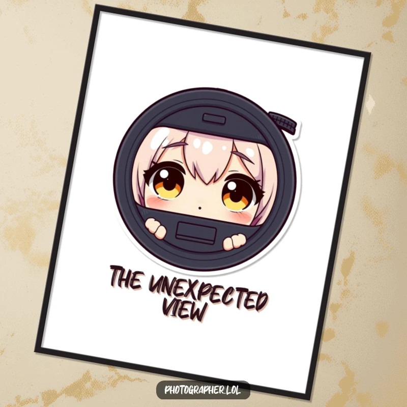 Funny poster art featuring a character's wide, surprised eyes looking through a camera viewfinder, capturing a moment of awe.