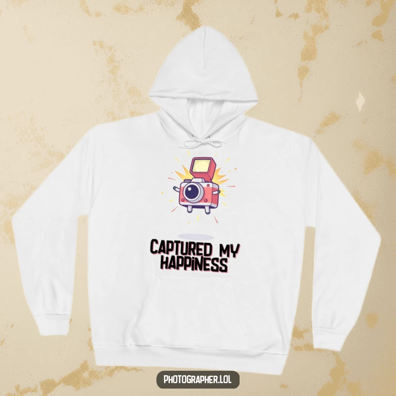 Funny hoodie depicting a joyful icon leaping high with a camera flash illuminating the scene, perfect for photography lovers.