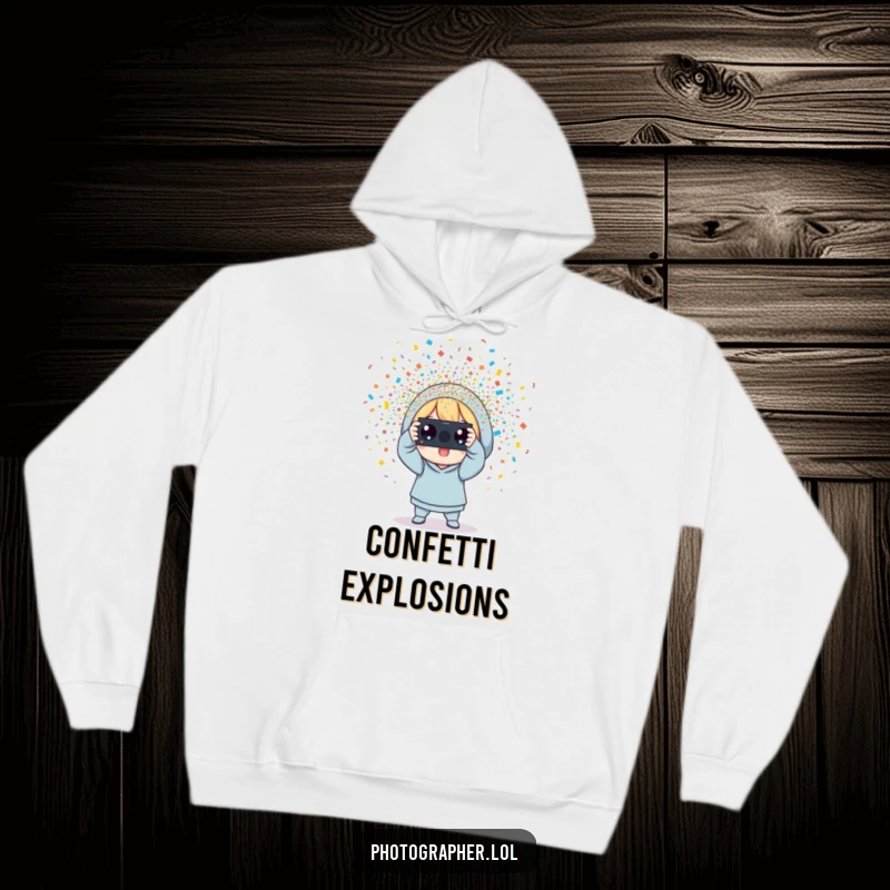 Funny photographer hoodie, a character snapping a photo with colorful confetti erupting, offering warmth and festive cheer.