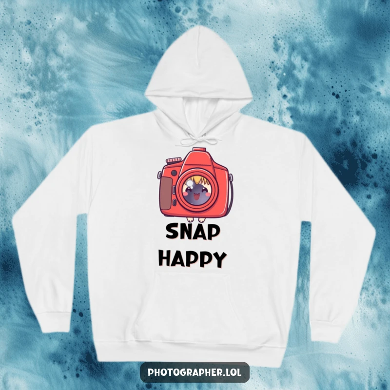 Funny hoodie with a cute character peeking behind a red camera, warm and humorous for photographers, a great funny gift.